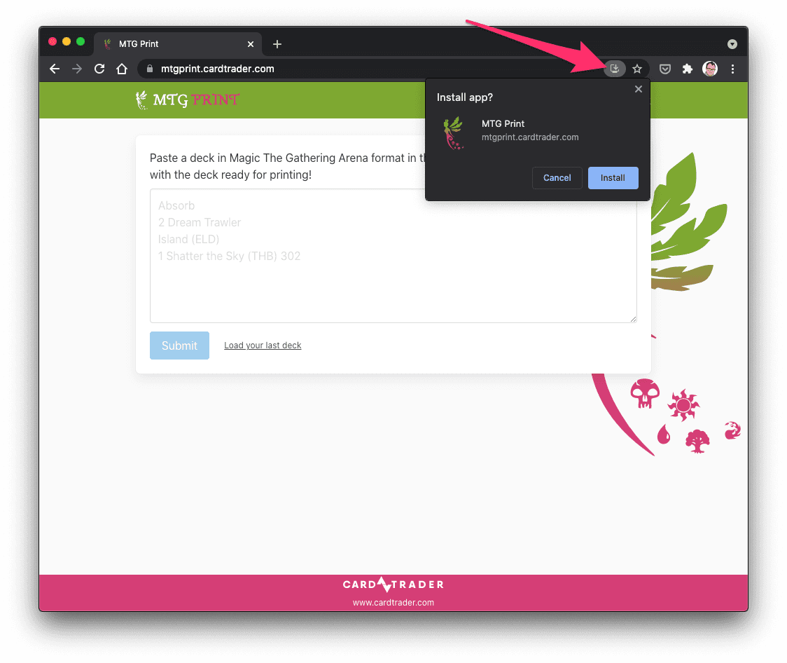 Install MTG Print as Progressive Web App from Google Chrome