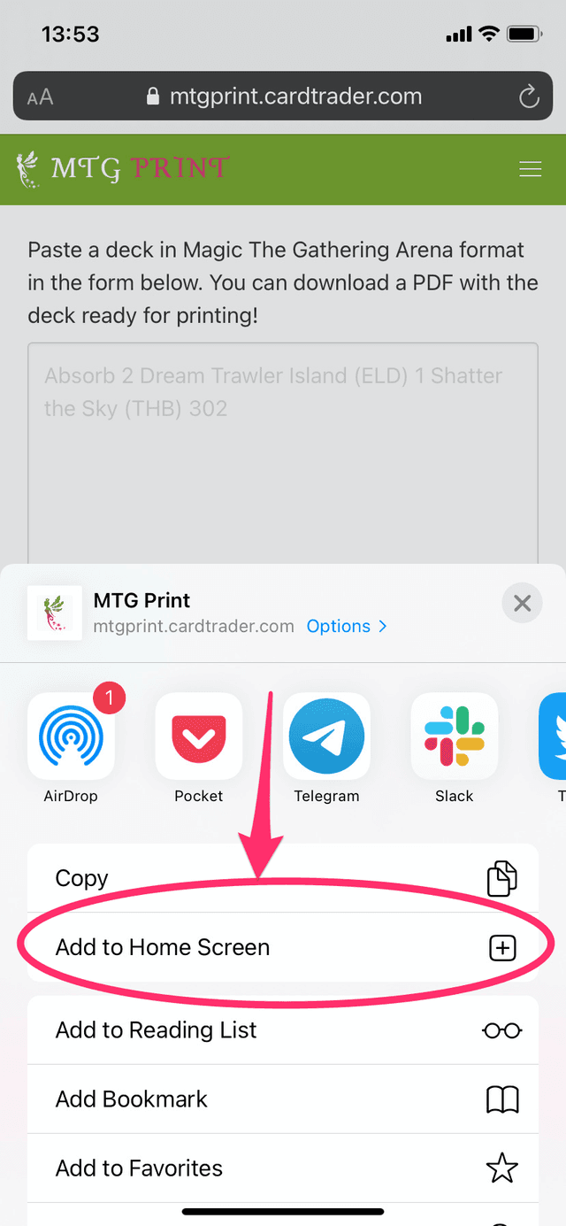 Install MTG Print as Progressive Web App from iOS Safari